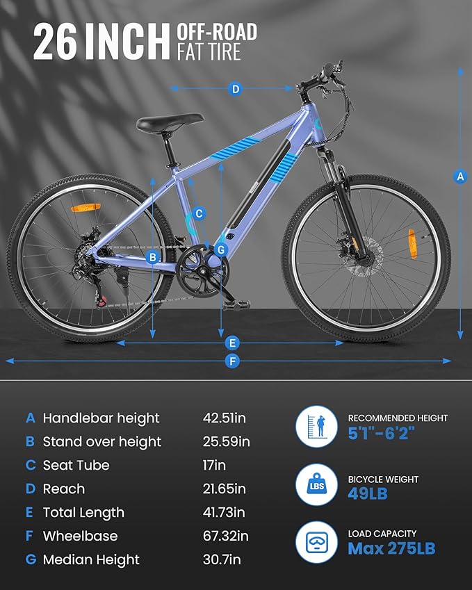 Electric Bike for Adults,36V Built-in Invisible Removable Battery,350W Brushless Motor(Peak 450W) Electric Mountain Bike,26" Tires&Front Fork Suspension,UL Certified 7-Speed-StrideForce Fitness