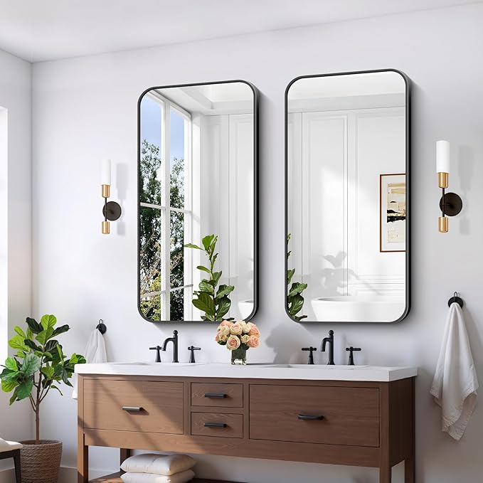 FORBATH Bathroom Mirror 48" x 24", Rectangle Black Narrow Bathroom Mirror with Black Aluminum Frame Rounded Corner, Wall Mounted Mirror for Bedroom Entryway Living Room-StrideForce Fitness