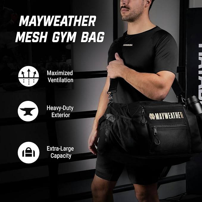 Hayabusa Mayweather Mesh Gym Bag - Black/Gold, 70L-StrideForce Fitness