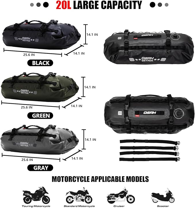 Waterproof Duffel& Luggage Bag - Motorcycle Dry Bag Tail Saddle Bags with Roll Top Closure,Large Storage Space,for Camping, Kayaking, Fishing & Traveling(Grey, 20L)-StrideForce Fitness