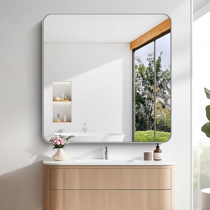 FORBATH 42x42 Inch Silver Bathroom Mirror for Over Sink, Large Square Wall Mirror with Metal Frame, Rounded Corners for Bathroom, Bedroom, Entryway Decor (Horizontal or Vertical)-StrideForce Fitness