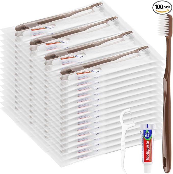 Disposable Toothbrushes with Toothpaste, Travel Toothbrush Kit, Individually Packaged, Brown, with Floss Picks, Suitable for Hotel, Home, Camping, Travel (100-PACK)