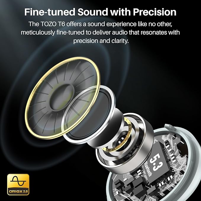 TOZO T6 Wireless Earbuds, IPX8 Waterproof Ear Buds, Stereo Bass Sound Bluetooth 5.3 Headphones in Ear, 50 Hours Playtime Earphones, Wireless Charging Case, Custom 32 EQ via APP-StrideForce Fitness