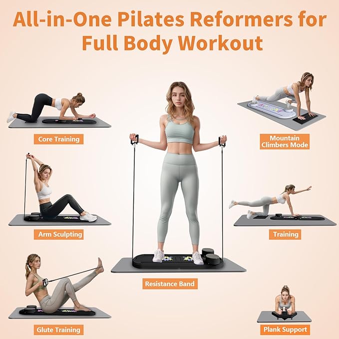 Pilates Reformer Board, 6 in 1 Portable & Foldable Pilates Reformer Set with Resistance Bands, Pilates Board for Home Workout, Multifunctional Abdominal Board-StrideForce Fitness