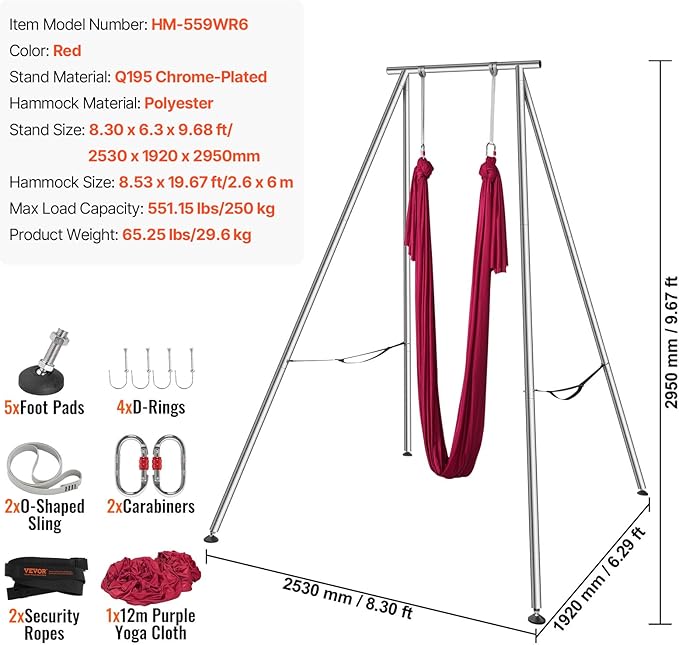VEVOR Aerial Yoga Frame, 9.67 ft Height Swing Stand, Max 551.15 lbs Load Chrome-Plated Steel Pipe Inversion Yoga Rig for Indoor Outdoor Use-StrideForce Fitness