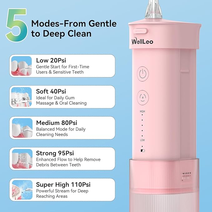 Mini Water Flosser for Teeth,Travel Dental Flosser Picks, Portable Oral Irrigator with Telescopic Water Tank, 5 Modes IPX7 Waterproof Tooth Flosser for Brace, Sensitive Teeth, with Storage Bag