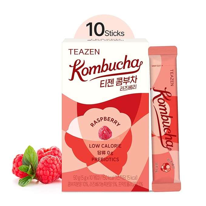 TEAZEN Raspberry Kombucha Tea, Hydration Drink Mix, Sugar Free, Live Probiotics & Prebiotics, 10 Sticks, 1.76oz-StrideForce Fitness
