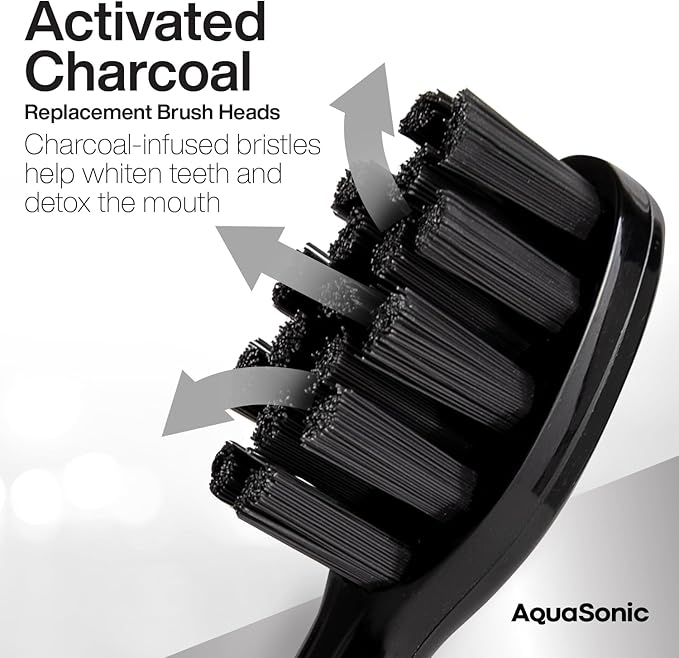 AquaSonic Genuine 2-Pack Activated Charcoal Brush Heads - Ultra Whitening Brush Heads - 2X Whitening & Stain Remover - for Black Series & Pro, Vibe Series, Duo Pro Series (Black)