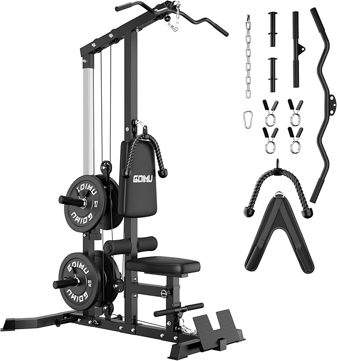 LS01 LAT Pulldown Machine, LAT Row Cable Machine with AB Crunch, LAT Tower with Cable Row Attachments, 3 in 1 Pulley Stations for Home Gym-StrideForce Fitness