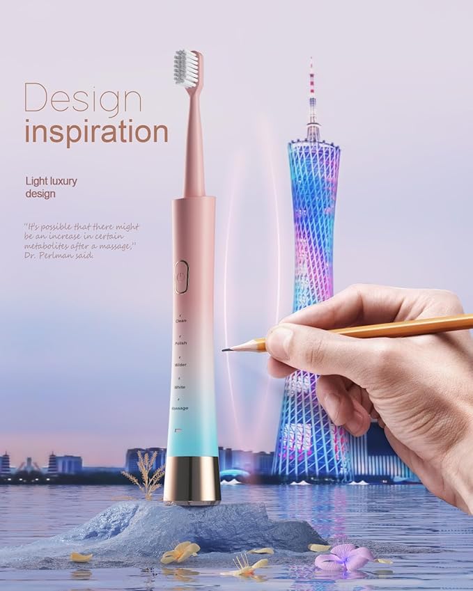 Pink & Blue Gradient Rechargeable Sonic Electric Toothbrush for Adults, 5 Modes with Smart Timer, 8 Replacement Brush Heads Soft Bristles, High Vibration, Perfect for Home, Travel, Gift