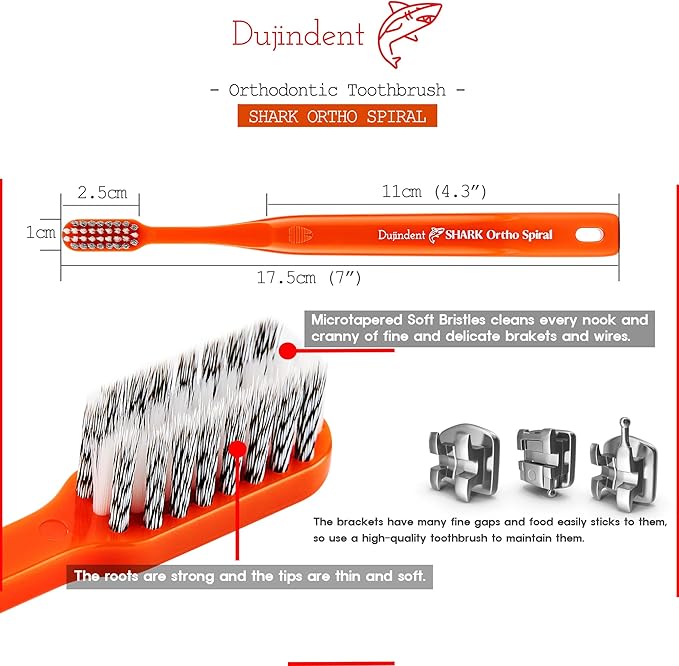 Orthodontic Toothbrush for Braces [6 Packs][Made in Korea] V Trim Cutting Tapered Gentle Bristles Braces Toothbrush for Brackets and Wires Cleaning (Shark Ortho Spiral, 6 Pack)