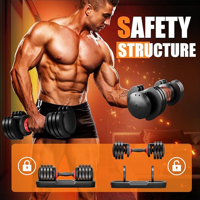 VEICK 25/55 lbs Adjustable Dumbbell with Anti-Slip Turning Handle, Fast Adjust Weight for Men Women, Exercise Equipment with Tray for Home Gym Full Body Workout Fitness-StrideForce Fitness