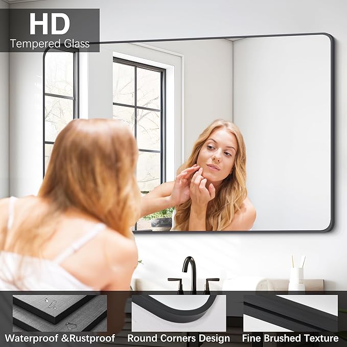 FORBATH Black Bathroom Mirror, Rectangular Vanity Mirror 26" X 38" Wall Mounted Rounded Corner Farmhouse Metal Framed Bath Mirror for Living Room Bedroom Entryway Decor, Hangs Horizontal or Vertical-StrideForce Fitness