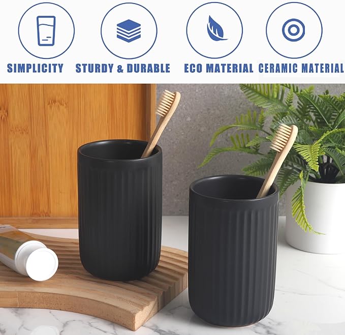 Matte Black Toothbrush Holders for Bathrooms - Black Ceramic Bathroom Tumbler Cups Reusable Toothbrush Cup Black Mouthwash Cup, 2 Cups Toothbrush Toothpaste Holders Set, Bathroom Counter Organizer