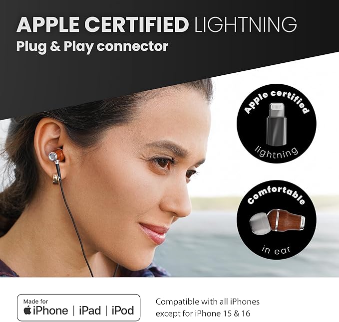 Symphonized iPhone Earphones Wired Deep Bass Sound, 3D Sound, Microphone Volume Control, 90% Noise Cancelling, Bubinga Wooden with Lightning (Apple MFI Certified), iPhone SE to 14 Earbuds (Black)-StrideForce Fitness