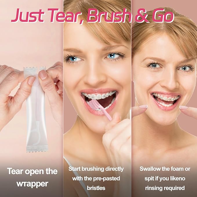 Mini Brushes-Disposable Toothbrushes with Toothpaste+Tongue Scraper+Toothpick+Floss 5 in 1 Prepasted Toothbrush Individually Wrapped for Work or Travel 28 pcs (Watermelon)