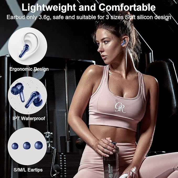 Wireless Earbuds, Bluetooth 5.4 Headphones, ENC Noise Cancelling Mic Ear buds with Stereo Bass, 48H Playtime Earphones , LED Display, IP7 Waterproof In Ear EarBuds for Phone Android iOS Sports, Blue-StrideForce Fitness