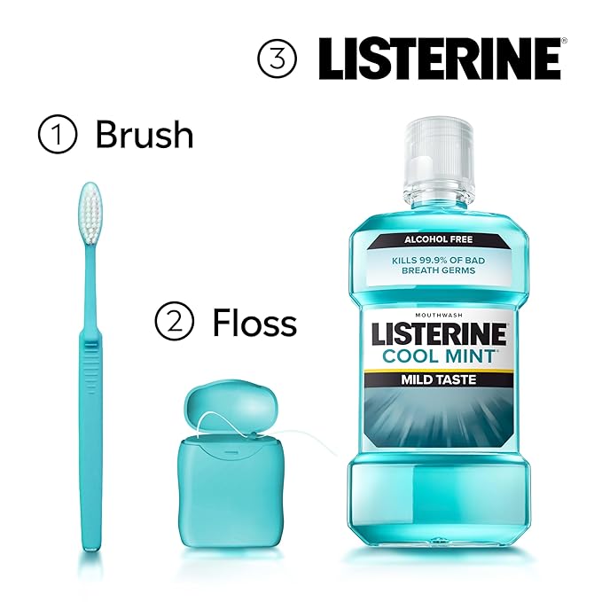Listerine Cool Mint Alcohol Free Mouthwash, Oral Rinse Kills 99.9% of Germs That Cause Bad Breath, for Fresh Breath & Less Intense Taste, No Alcohol Burn Cool Mint Flavor, 1 L