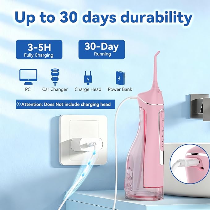 Cordless Portable Water Flosser with 300ML Tank: Rechargeable Oral Irrigator with 5 Tips for Travel, Braces Care and Sensitive Gums, IPX7 Waterproof Teeth Cleaning Device(Pink)