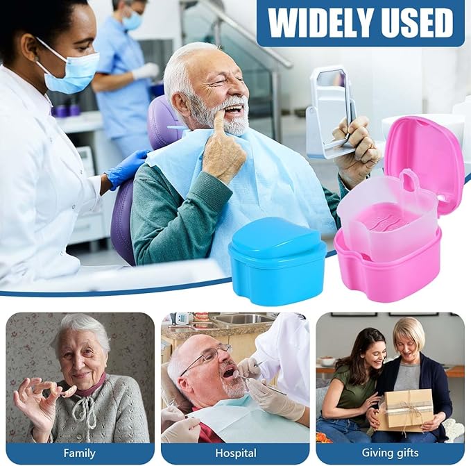 2 Pack Denture Bath Case Cup Box Holder Storage Container with Denture Cleaner Brush Strainer Basket for Travel Cleaning (Light Blue and Pink)
