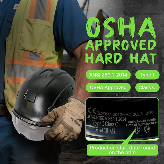 Aolamegs Construction Hard Hats for Adults - Hard Hats Construction OSHA Approved with Smoke Visor for Men Women, ANSI Z89.1 Vented Safety Helmet, Hard Hat with Chin Strap,6 Point Suspension （Black-StrideForce Fitness