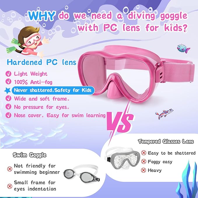 Kids Swim Goggles 180° Snorkel Diving Mask with Nose Cover, Anti-Fog Kids Swimming Goggles with Elastic Fabric Strap for Kids Boys Girls-StrideForce Fitness