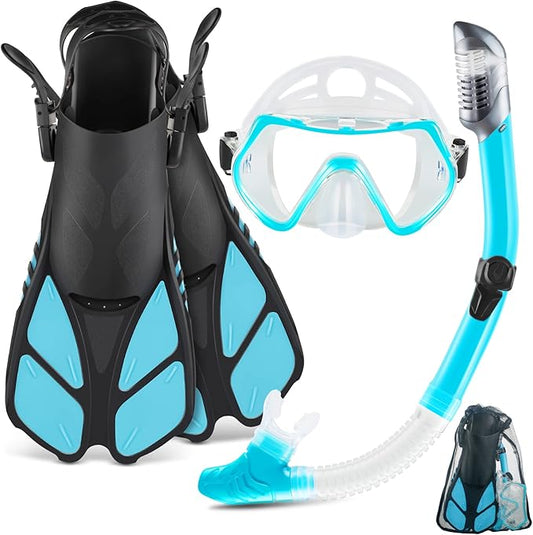 ZEEPORTE Mask Fin Snorkel Set, Travel Size Snorkeling Gear for Adults with Panoramic View Anti-Fog Mask, Trek Fins, Dry Top Snorkel and Gear Bag for Swimming Training, Snorkeling Kit Diving Packages-StrideForce Fitness