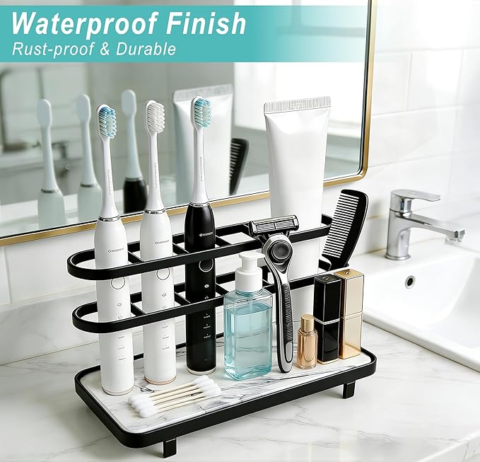 Electric Toothbrush Holders for Bathrooms, Bathroom Counter Organizer with Quick Dry Diatomaceous Earth Mat, 5 Slots Toothbrush and Toothpaste Holder Black, for Bathroom Sink Organizer Countertop