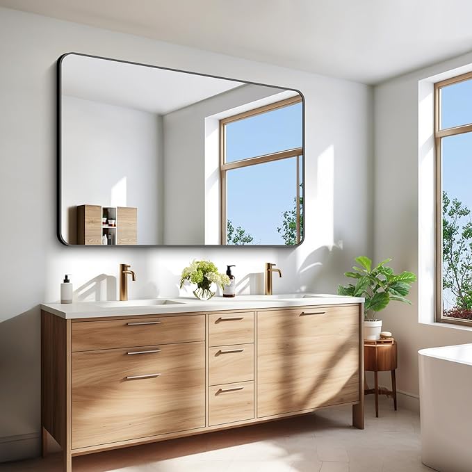 55x36 inch Bathroom Mirror,Black Rectangle Mirror,Wall Mounted Bathroom Frame Vanity Mirror with Round Corner for Bedroom Living Room, Entryway Hangs Horizontal or Vertical-StrideForce Fitness