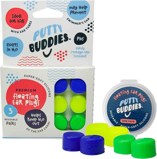 Earvolution Floating Putty Buddies Ear Plugs for Swimming - Invented by an Ear Physician - Moldable, Premium, Silicone - Floats on Water - Waterproof - Made in The USA - 3 Pack - Blue/Yellow/Green-StrideForce Fitness