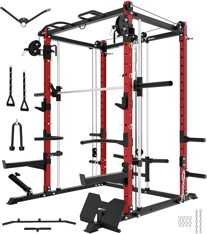 Eonfit E3 Smith Machine with 360°Rotating Arm for Home Gym Equipment, Multi-Function Power Cage Squat Rack with Cable Crossover LAT Pulldown Pulley System All in One-StrideForce Fitness