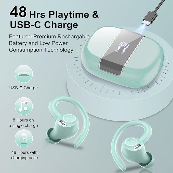 Wireless Earbuds Bluetooth 5.3 Headphones Sports, 48Hrs Playtime Bluetooth Earbuds with CVC 8.0 Mic, Stereo Bass Over Ear Bud with Earhooks, LED Display, IP7 Waterproof Earphon for Running Misty Blue-StrideForce Fitness