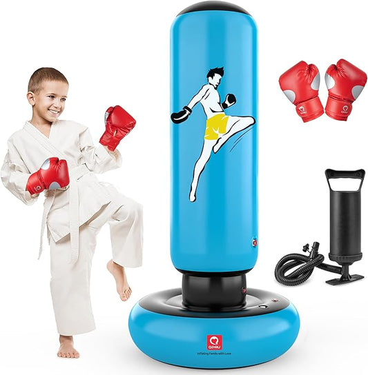 QPAU Kids Punching Bag Toy with Boxing Gloves, 66 Inch Larger Stable Kids Inflatable Boxing Bag Set, Gifts for Boys & Girls Age 6-12, for Practicing Karate, Taekwondo, MMA-StrideForce Fitness