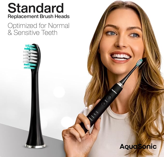 AquaSonic Genuine Standard Replacement Brush Heads | for Normal & Sensitive Teeth | Compatible with Many AquaSonic Toothbrush Handles (2 Pack Black)