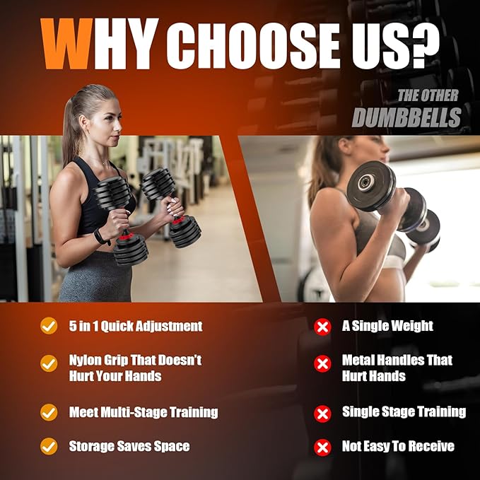 VEICK 25/55 lbs Adjustable Dumbbell with Anti-Slip Turning Handle, Fast Adjust Weight for Men Women, Exercise Equipment with Tray for Home Gym Full Body Workout Fitness-StrideForce Fitness