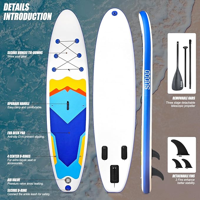 Inflatable Stand Up Paddle Board 10‘x30‘‘- Ultra-Light SUP with Backpack, Pump, Paddle, Coil Leash, 3 Fins, Repair Kit, Stable Design, Non-Slip EVA Deck for Adults & Youth-StrideForce Fitness