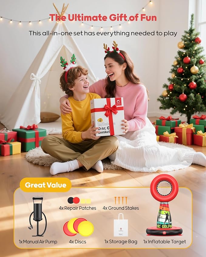 QPAU Inflatable Disc Golf Set for Kids Family Fun, Portable Outdoor Yard Games Set With 4 Frisbee Discs & Pump, Kids Toys for Golf Practice, Backyard Camping Lawn Pitching Games - Ideal Teen Boy Gifts-StrideForce Fitness