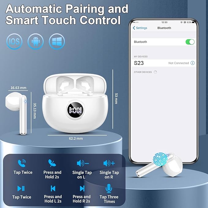 Wireless Earbuds, 2025 Bluetooth 5.3 Headphones HiFi Stereo Ear buds with ENC Noise Cancelling Mics, 40H Bluetooth Earbuds with Dual LED Display, IP7 Waterproof in Ear Earphones for Android iOS, White-StrideForce Fitness