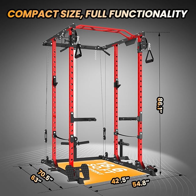 GaveeLife Power Cage, 2000 LBS Power Rack with Cable Cross-Over System, Multi-Functional Strength Training Squat Rack with LAT Pull Down System, Home Gym Equipment with Training Attachment, Red-StrideForce Fitness