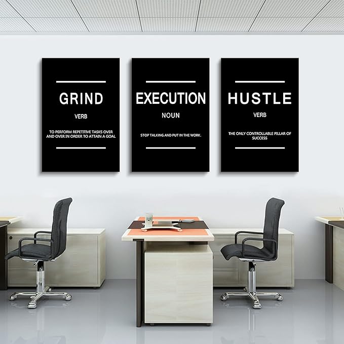Framed Canvas Wall Art Success Quote, Office Wall Art, Black Large Poster, Positive Motivational Set of 3 Prints, Execute Failure Definition, Inspirational Print (B-3pcs,20x30inchx3pcs)-StrideForce Fitness