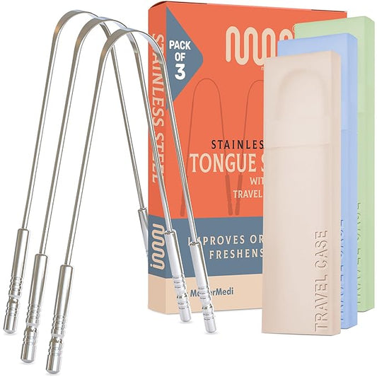 MasterMedi Tongue Scraper for Adults, 100% Stainless Steel Scrubber for Bad Breath, Easy to Use, Tongue Cleaner for Oral Care & Hygiene Set of 3 (with Travel Case)