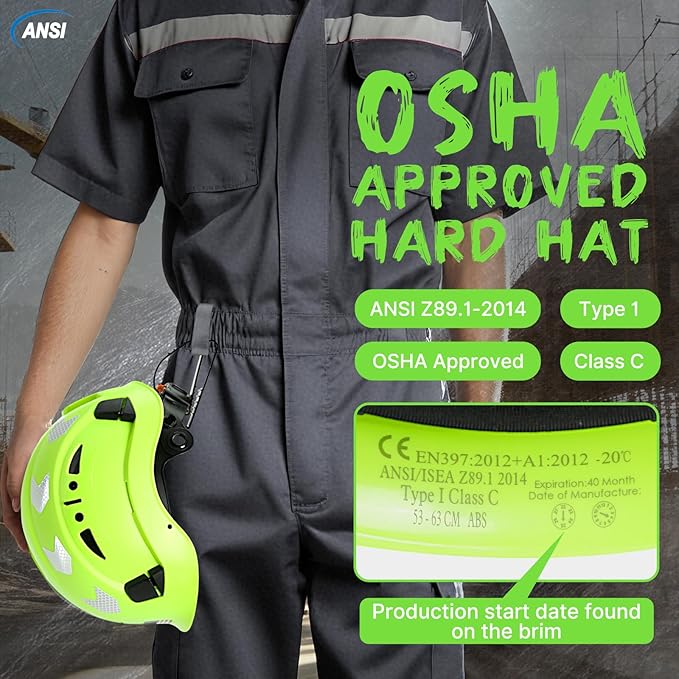 AOLAMEGS Construction Safety Hard Hat - ANSI Z89.1 Type Ι OSHA Approved Safety Helmets with Chin Straps Lightweight Reflective Vented ABS Hard Hats For Men Women Industrial Workwear 6-point Suspension-StrideForce Fitness