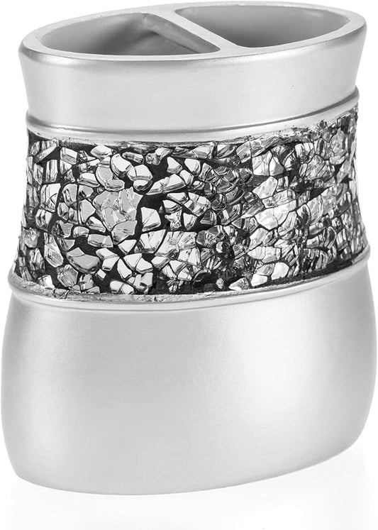 Crackled Glass Silver Toothbrush Holder And Toothpaste Holder For Bathroom - Elegant Crackled Glass Bathroom Toothbrush Organizer - Decorative 2 Slot Family Toothbrush Cup Holds Multiple Toothbrushes