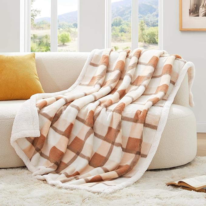 PU MEI Super Soft Faux Rabbit Fur Sherpa Fleece Throw Blanket, Reversible Luxury Cozy Cute Furry Blanket, Plush Warm Shaggy Fluffy Checkered Blankets for Sofa Couch Bed (Beige-Plaid, 80" x 90")-StrideForce Fitness