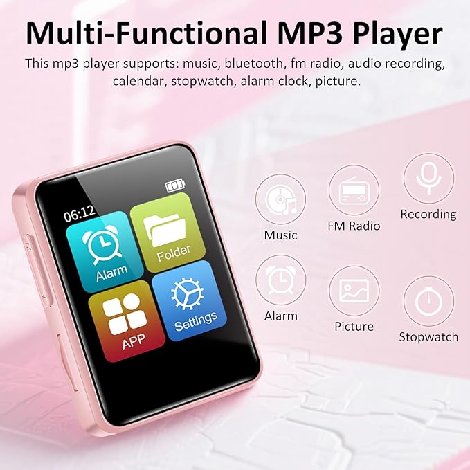 MP3 Player with Bluetooth, 32GB Portable Bluetooth MP3 Player for Kids, 1.8 inch Music Player with Speaker, FM Radio, Voice Recorder, Supports Expanded Up to 512GB(Pink)-StrideForce Fitness