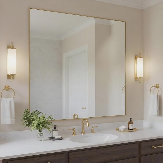 30x36 Inch Brass Bathroom Mirror for Wall, Aluminum Frame Rectangle Rectangular Vanity Mirror, Modern Large for Bedroom, Living Room, Horizontal or Vertical-StrideForce Fitness