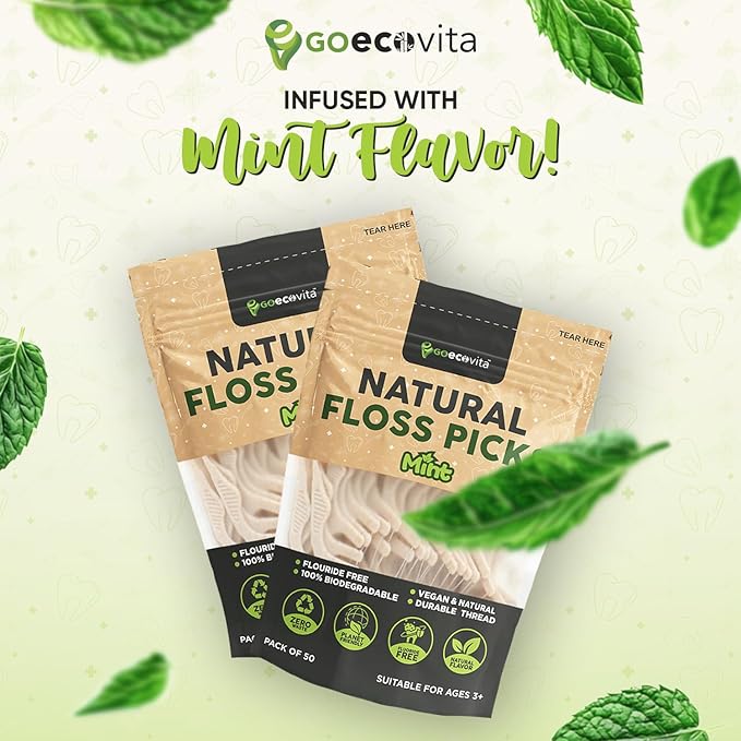 Biodegradable Floss Picks - Natural Straw Wheat Handle | Thin & Durable Thread for Tight Gaps! | Dental Flossers for Adults | Gentle on Gums & Teeth | Eco Friendly, Vegan, Natural (100 Pack, Mint)