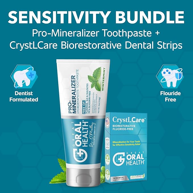 Tooth Sensitivity Treatment Bundle: Remineralizing Nano Hydroxyapatite Toothpaste Fluoride Free & CrystLCare Biorestorative Sensitive Teeth Dental Strips for Enamel Remineralization and Lasting Relief