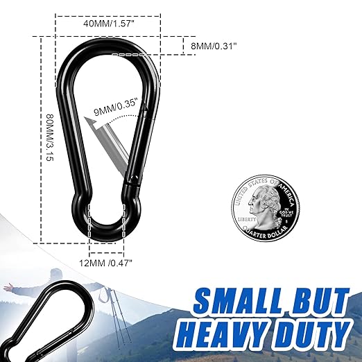KINLINK 20 Pack Black Carabiner Clip, 3.15 inch Heavy Duty Spring Snap Hook, Small Caribeener Clips for Outdoor Camping, Swing Set, Hammock, Hiking Travel, Fishing, Quick Link Keychain-StrideForce Fitness