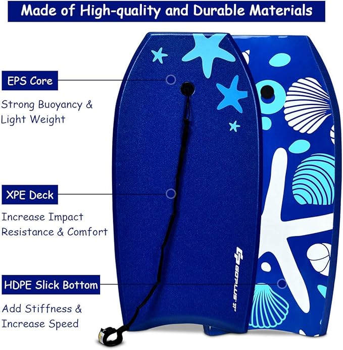 Goplus 41''/37''/33'' Lightweight Body Board for Beach, Surf Board with EPS Core, XPE Deck, HDPE Slick Bottom, Wrist Leash, Bodyboard for Kids Adults Surfing-StrideForce Fitness